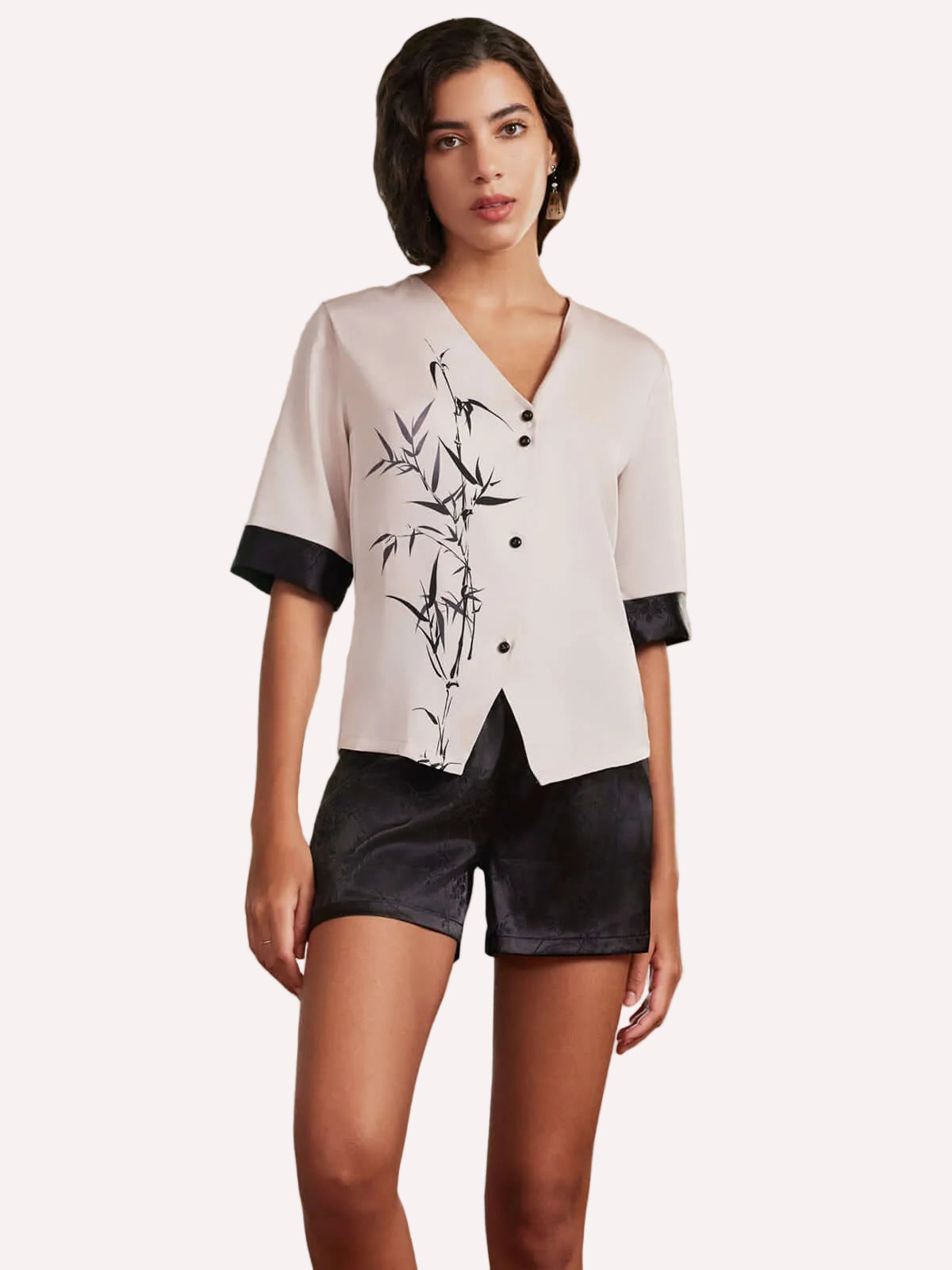 Ink Bamboo Print Shorts Pajama Set – Beige