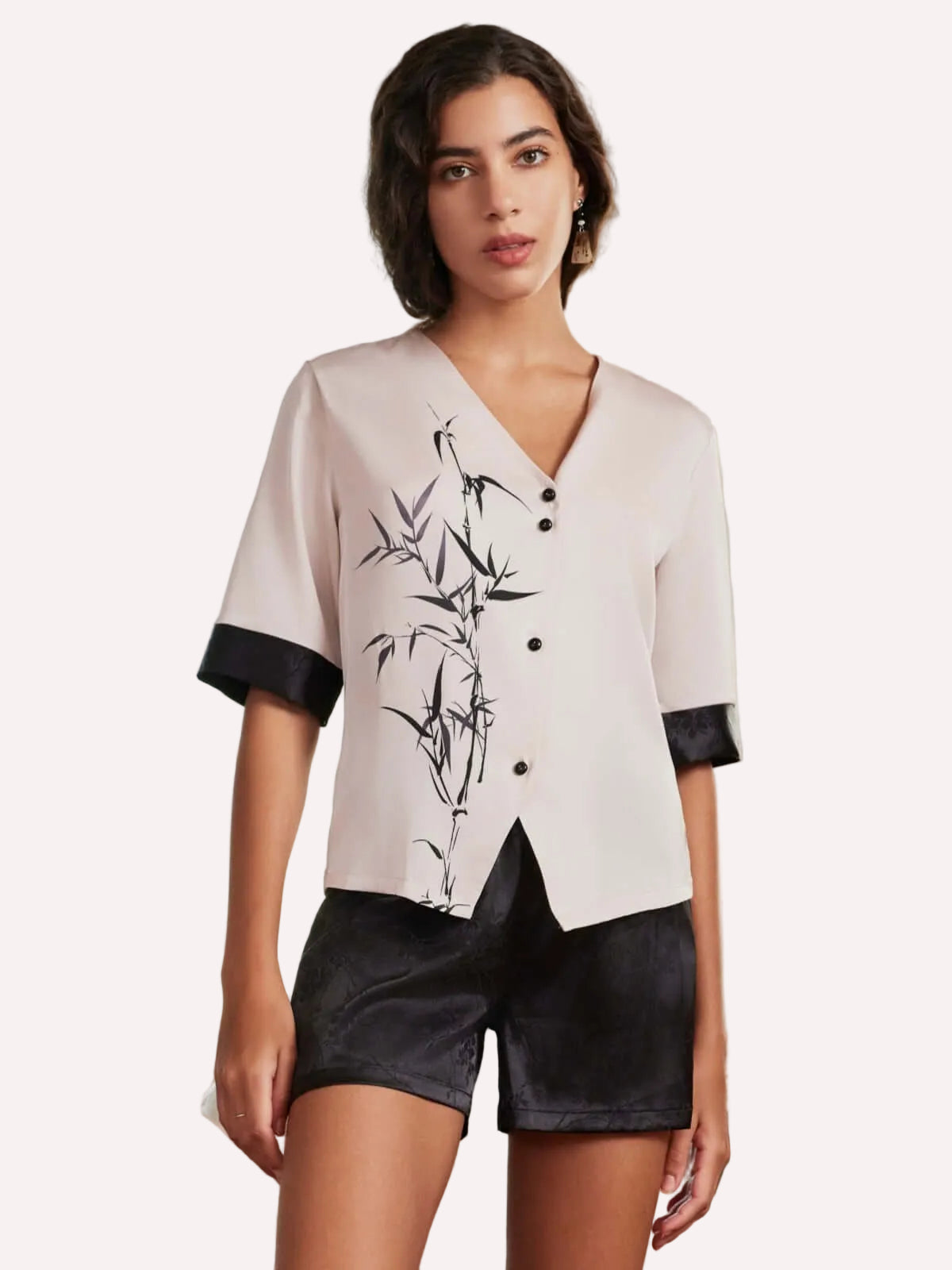 Ink Bamboo Print Shorts Pajama Set – Beige