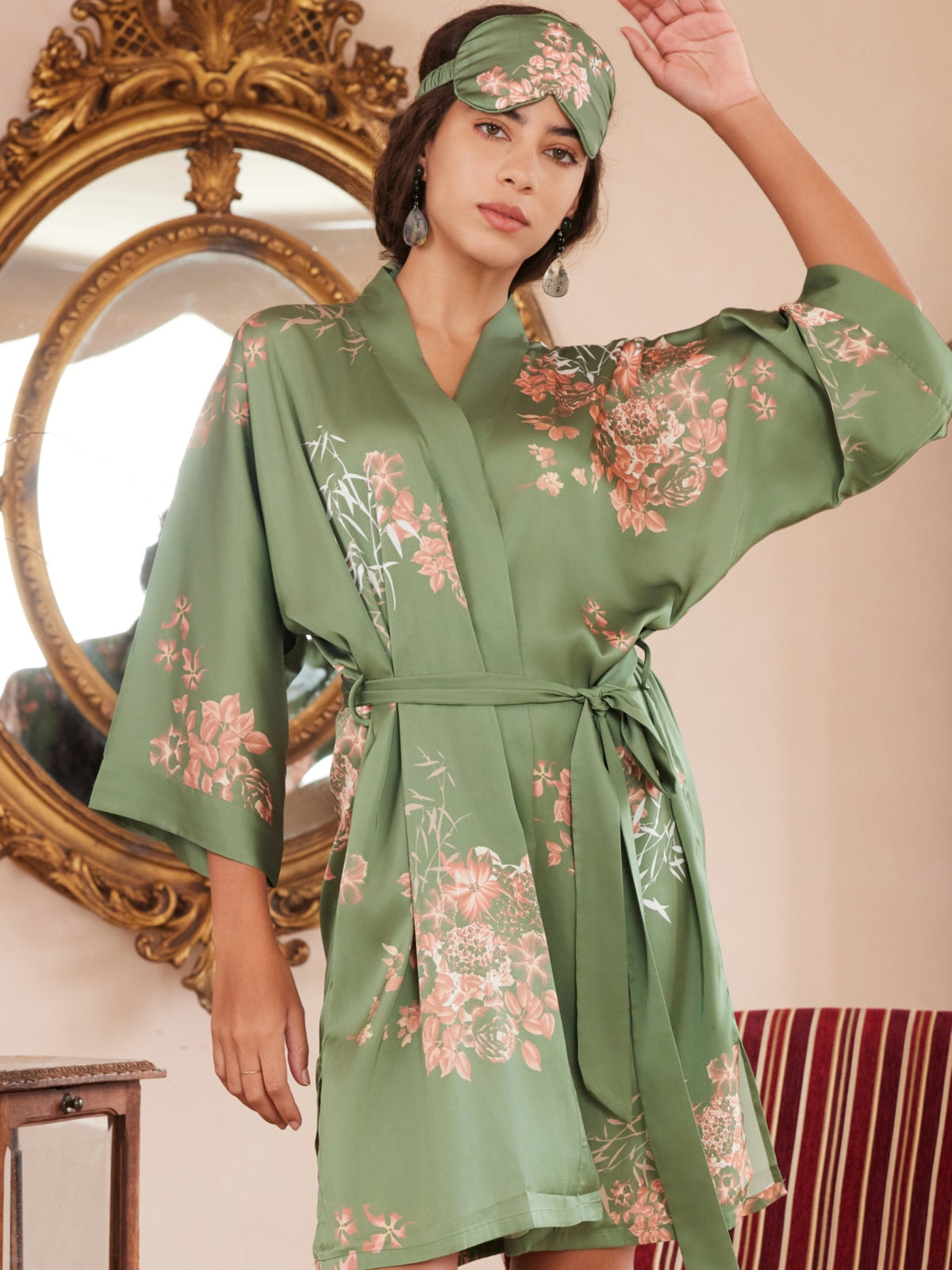 Bamboo Print Short Kimono Robe – Olive