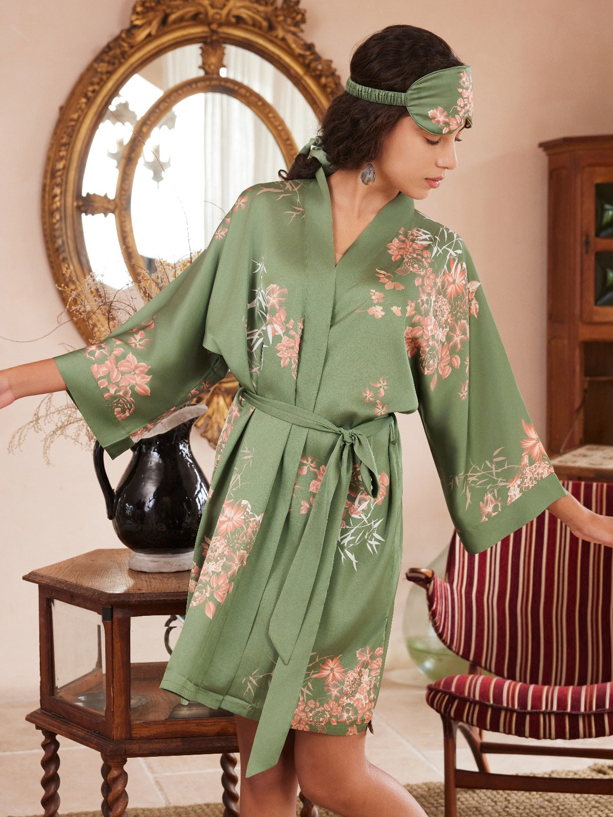 Bamboo Print Short Kimono Robe – Olive