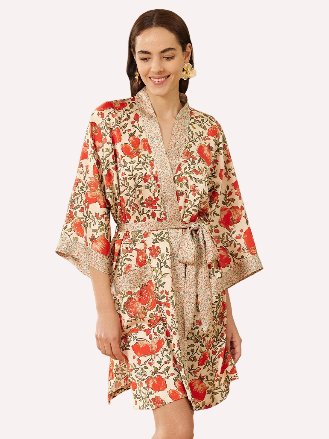 Pomegranate Garden Short Robe with Pockets