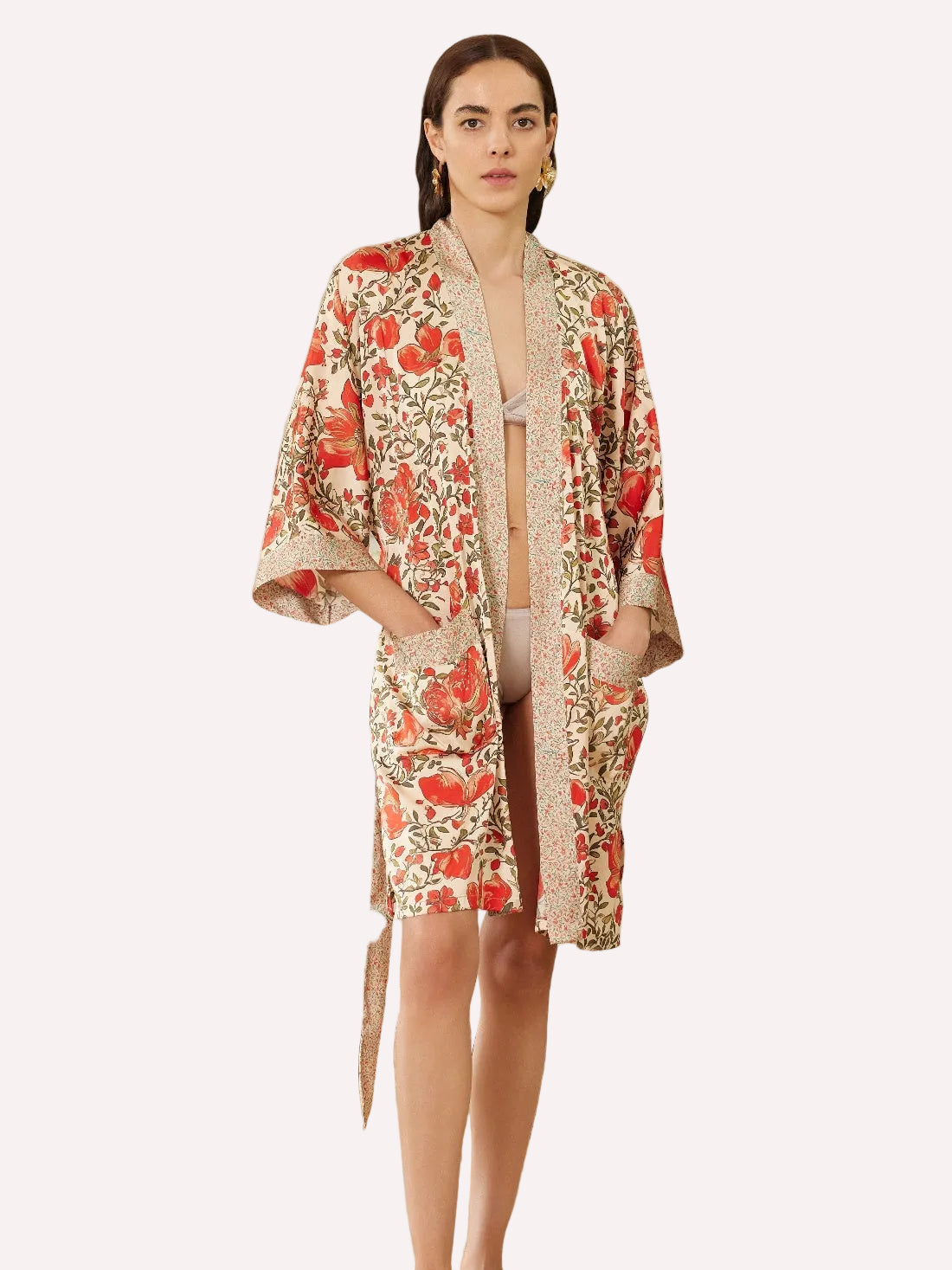 Pomegranate Garden Short Robe with Pockets