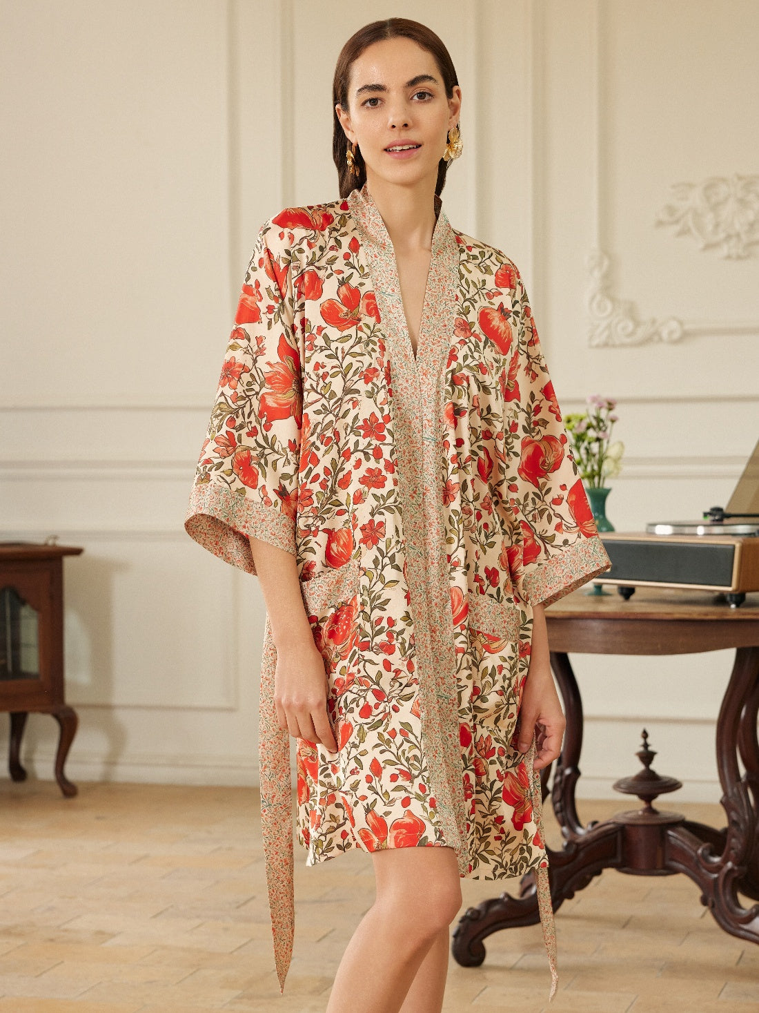 Pomegranate Garden Short Robe with Pockets