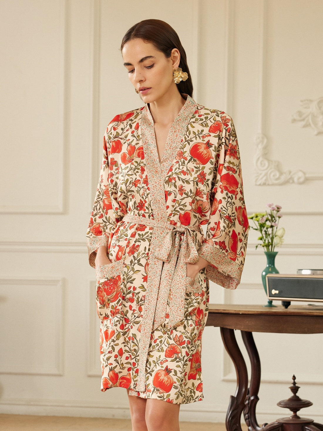 Pomegranate Garden Short Robe with Pockets