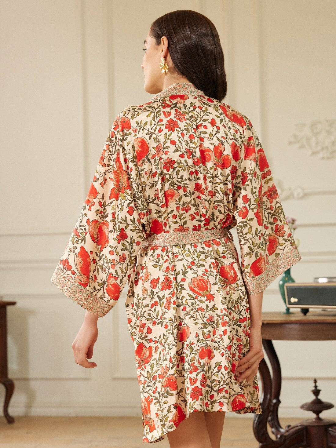 Pomegranate Garden Short Robe with Pockets
