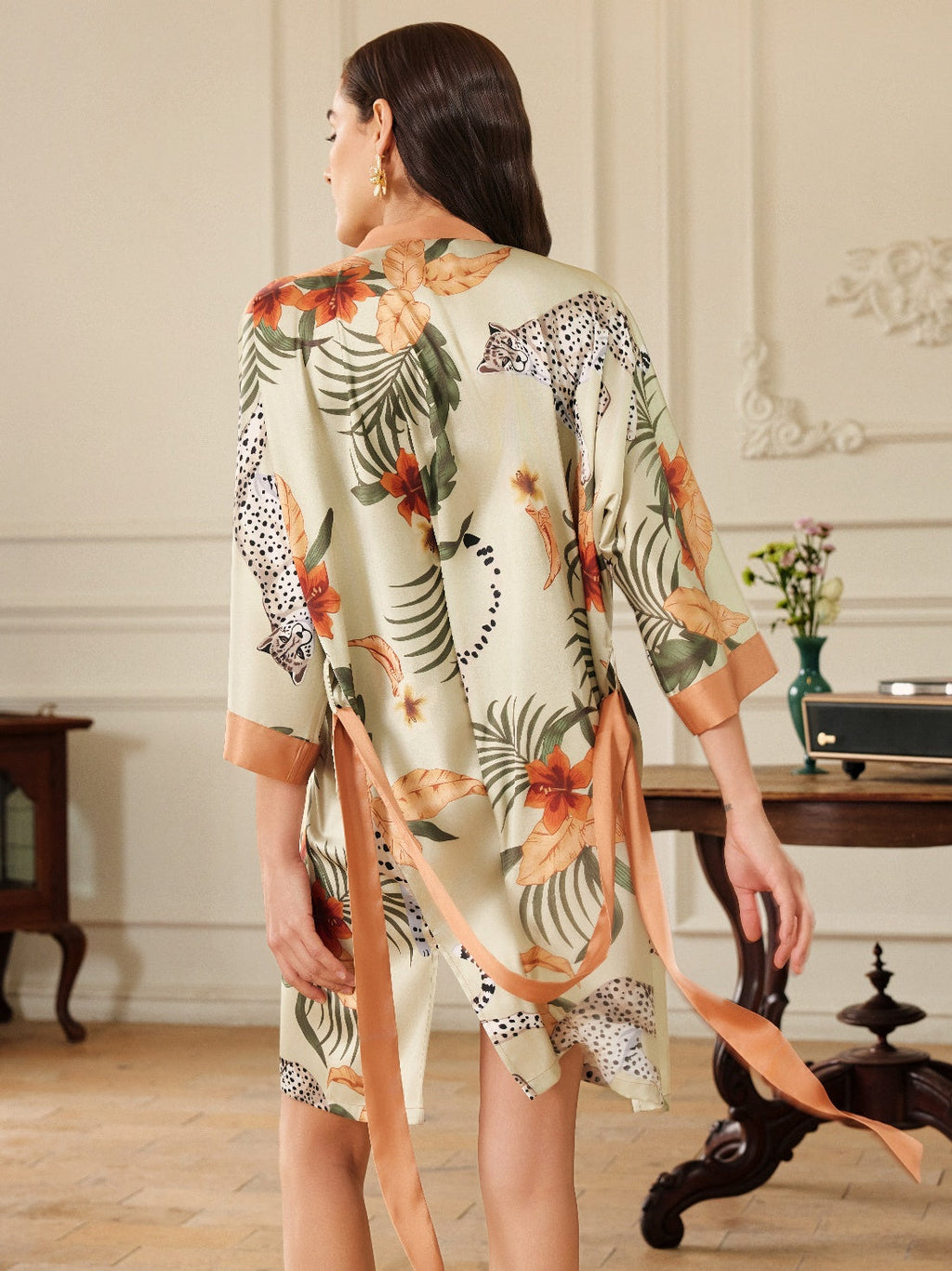 Leopard Print Short Kimono Robe – Orange