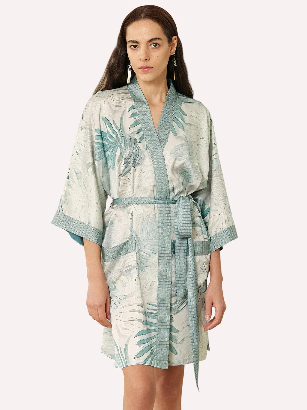 Tropical Palm Leaf Short Robe with Pockets