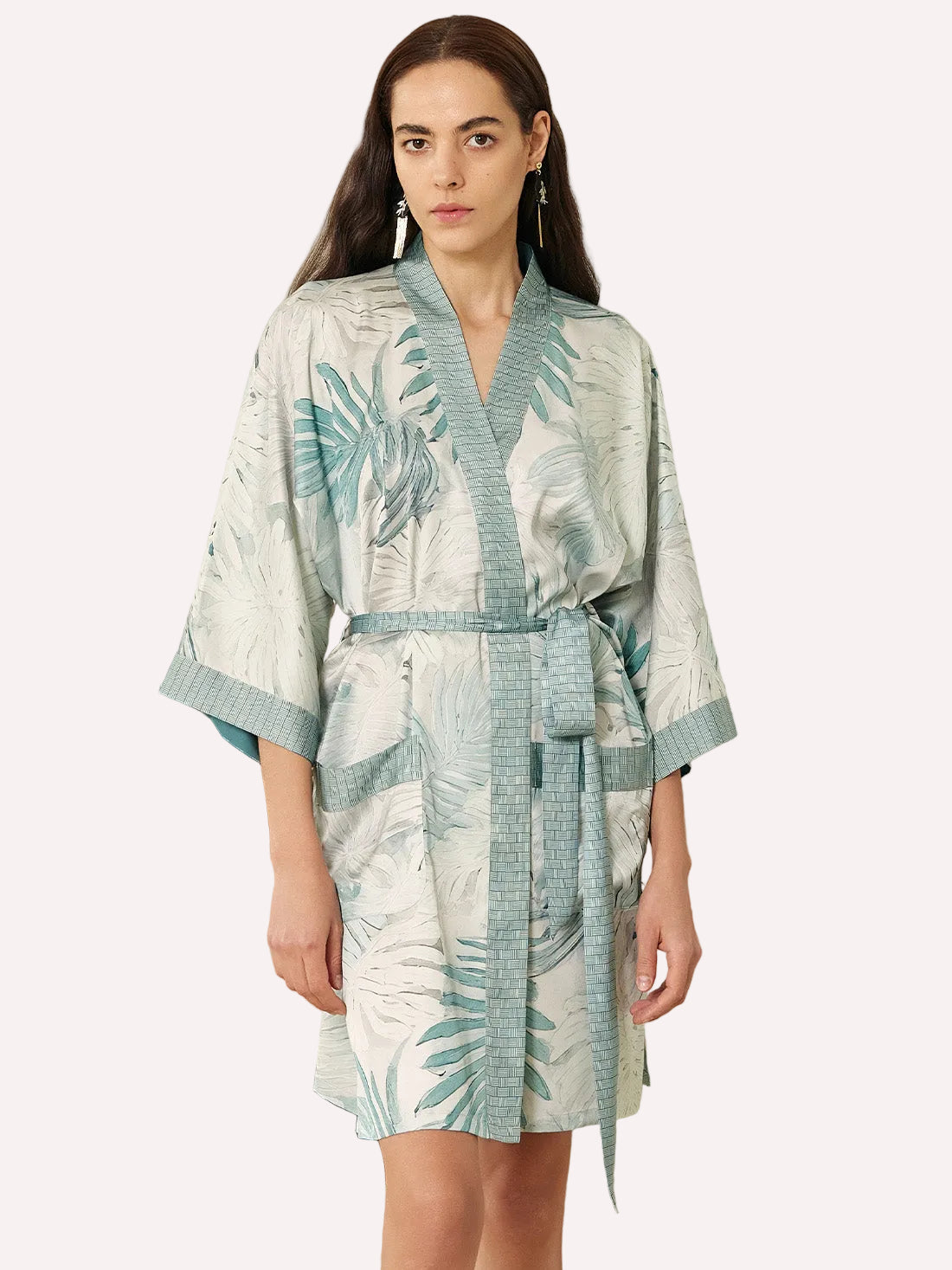Tropical Palm Leaf Short Robe with Pockets