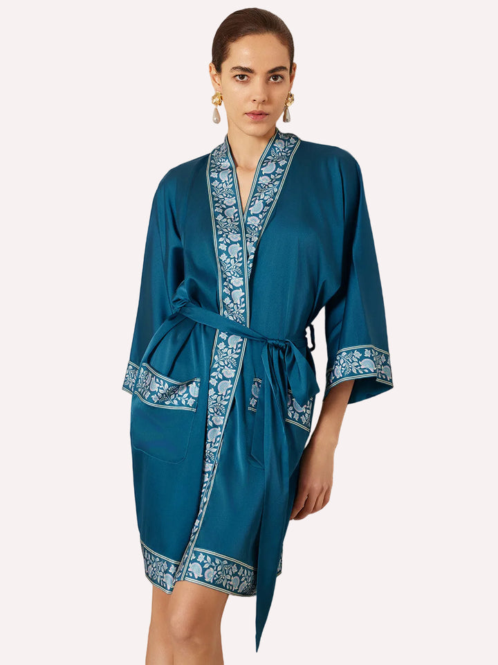 Embellished Flower Short Robe with Pockets – Dark Blue