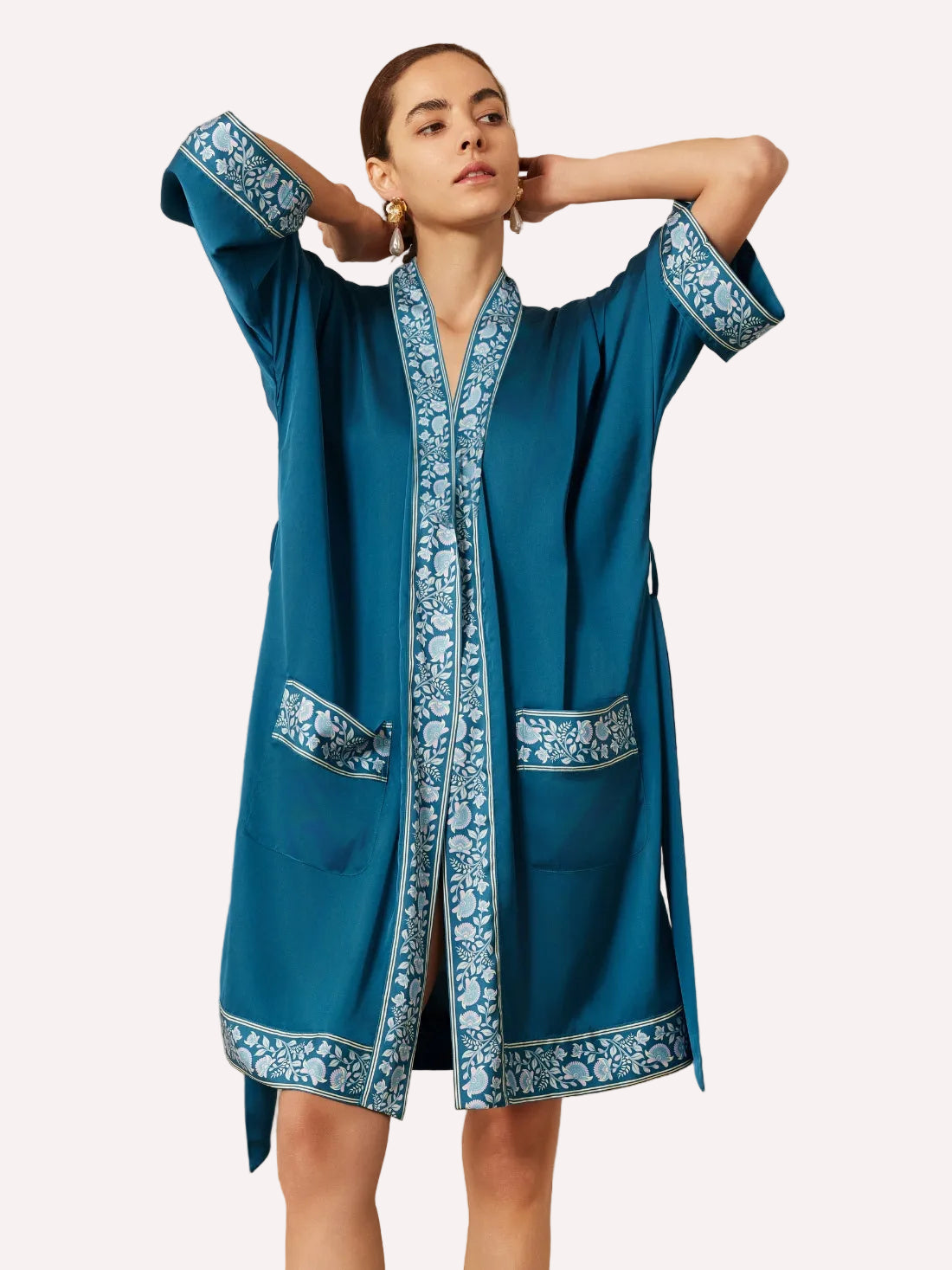 Embellished Flower Short Robe with Pockets – Dark Blue
