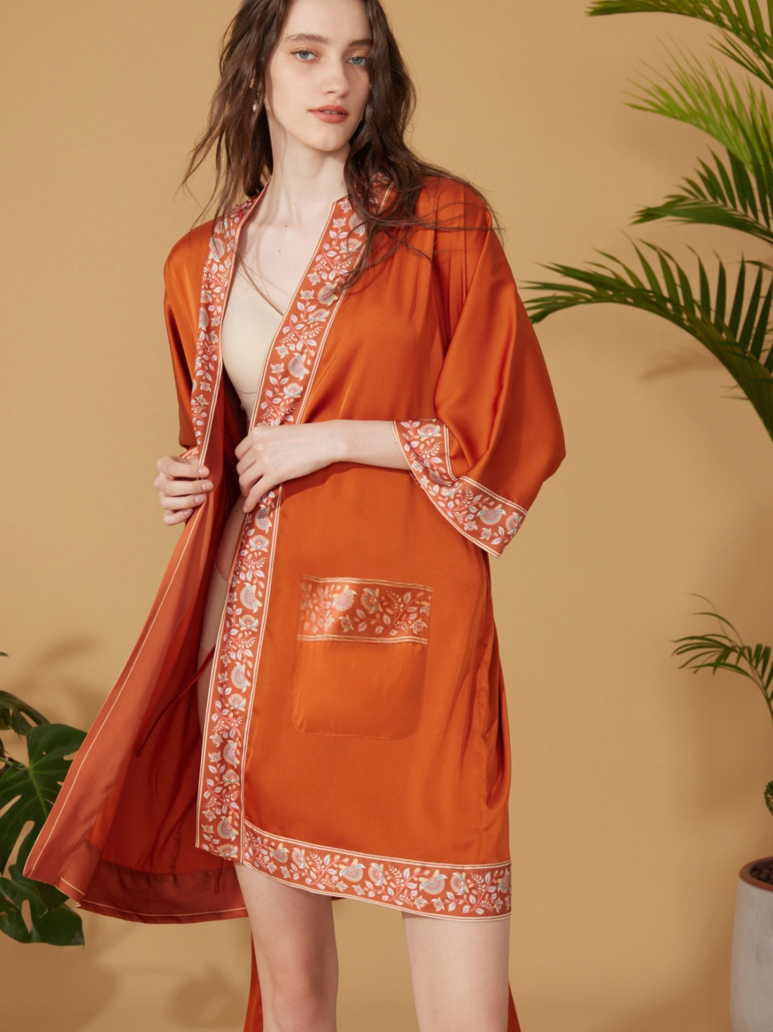 Embellished Flower Short Robe with Pockets – Orange