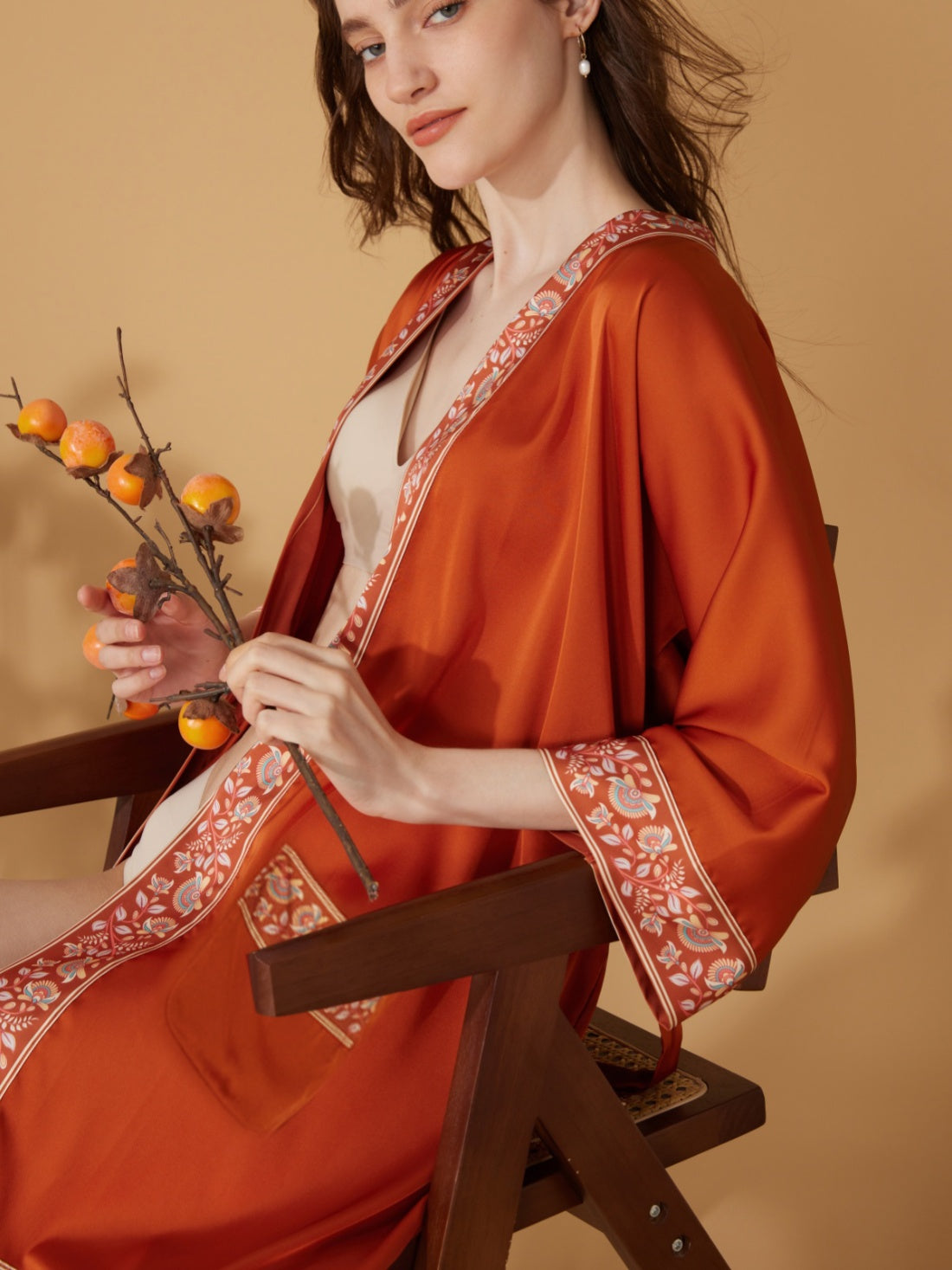 Embellished Flower Short Robe with Pockets – Orange