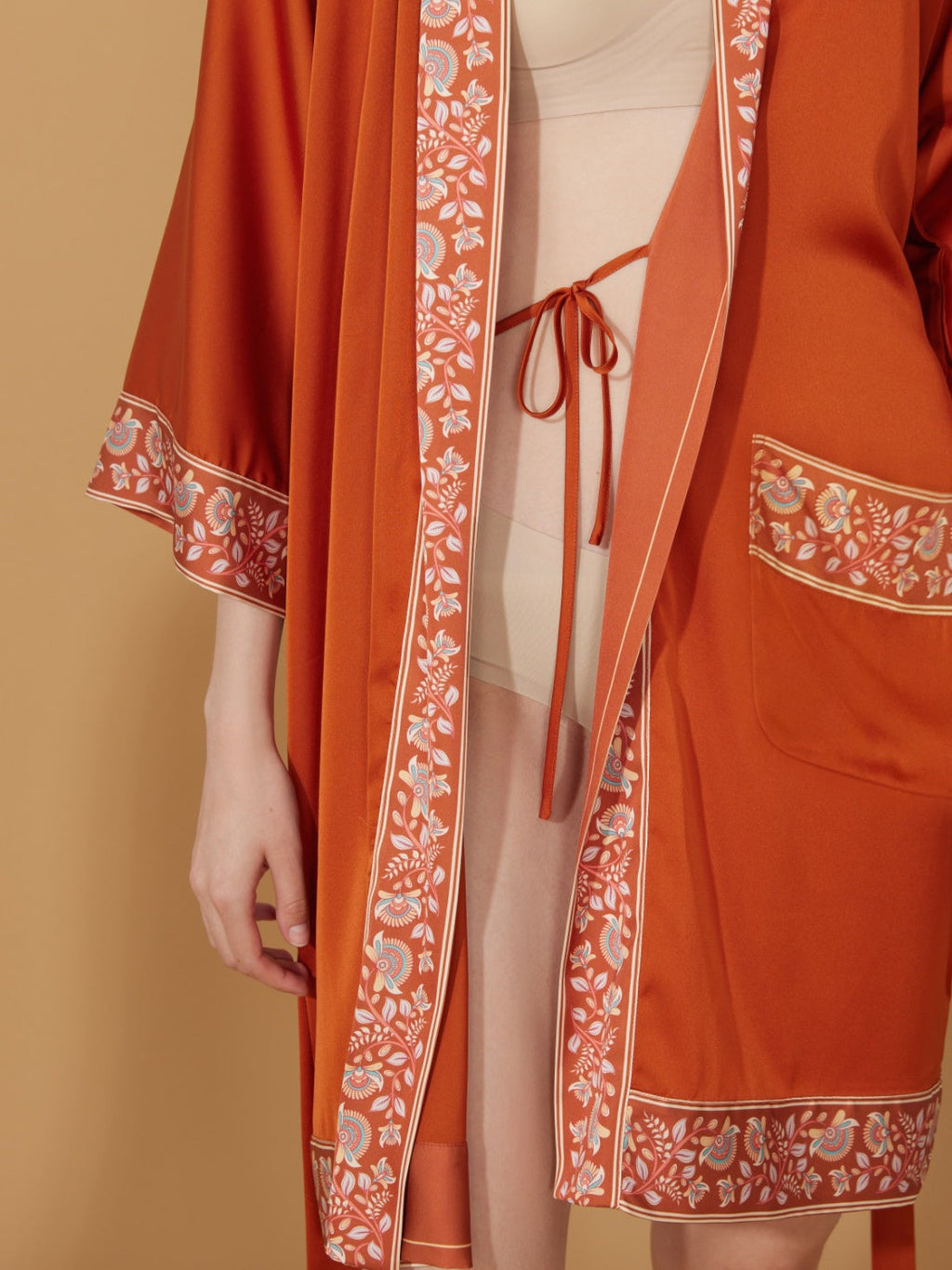 Embellished Flower Short Robe with Pockets – Orange