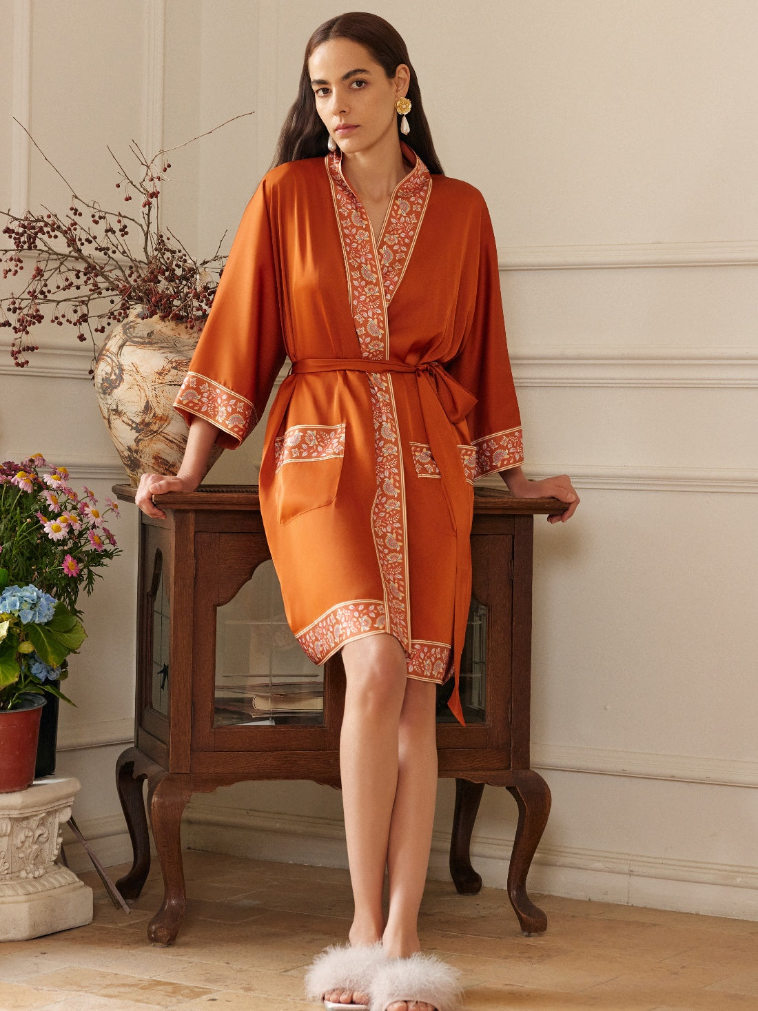 Embellished Flower Short Robe with Pockets – Orange