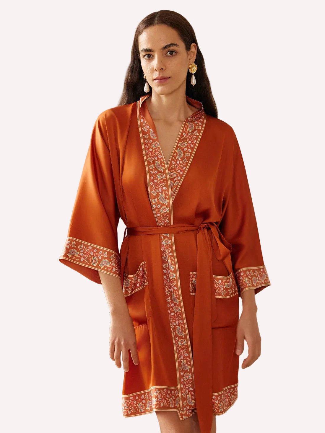 Embellished Flower Short Robe with Pockets – Orange
