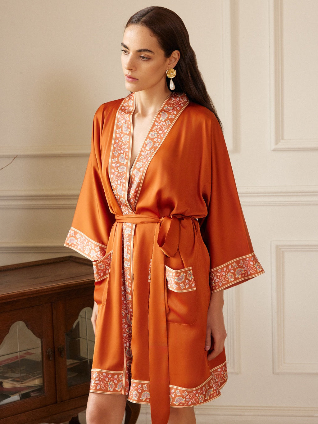 Embellished Flower Short Robe with Pockets – Orange