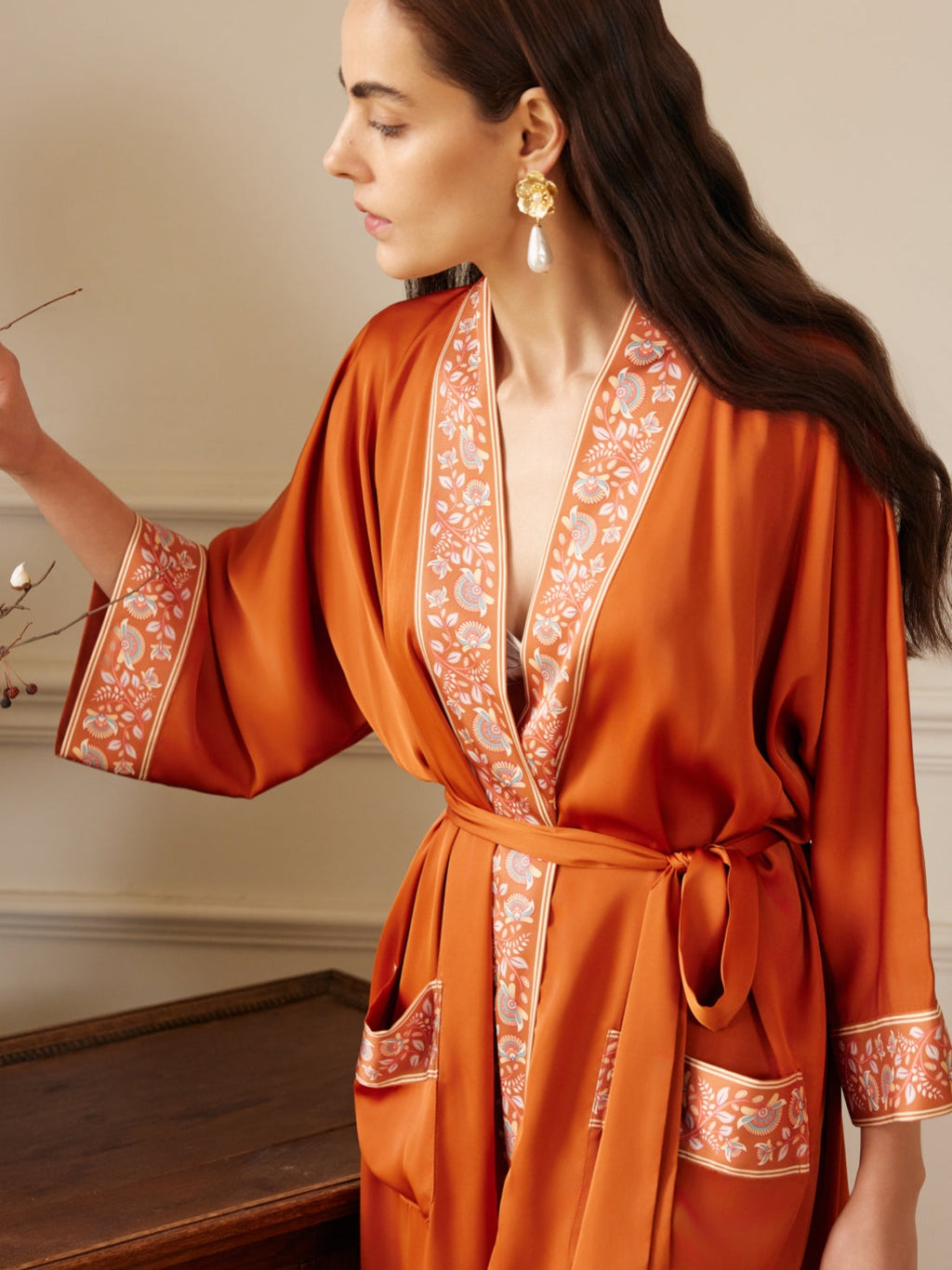 Embellished Flower Short Robe with Pockets – Orange