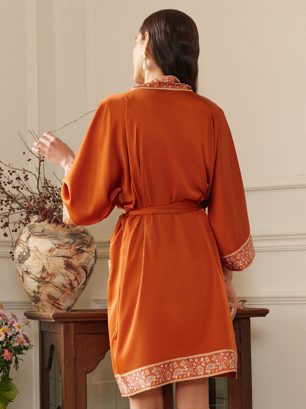Embellished Flower Short Robe with Pockets – Orange