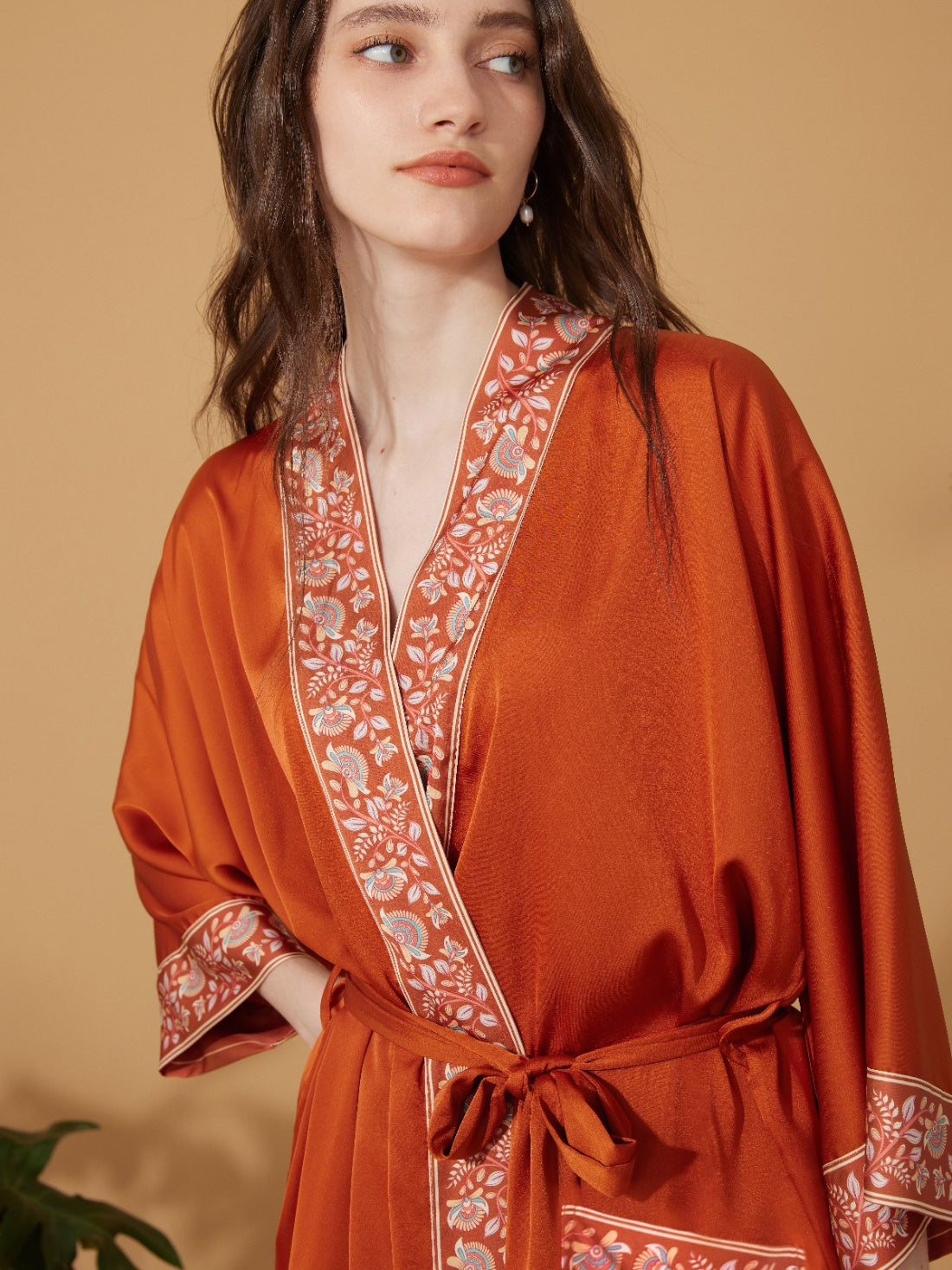 Embellished Flower Short Robe with Pockets – Orange