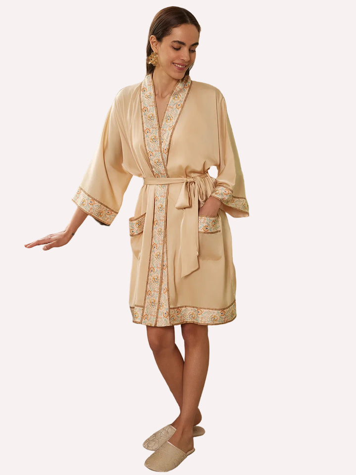 Embellished Flower Short Robe with Pockets – Champagne Gold