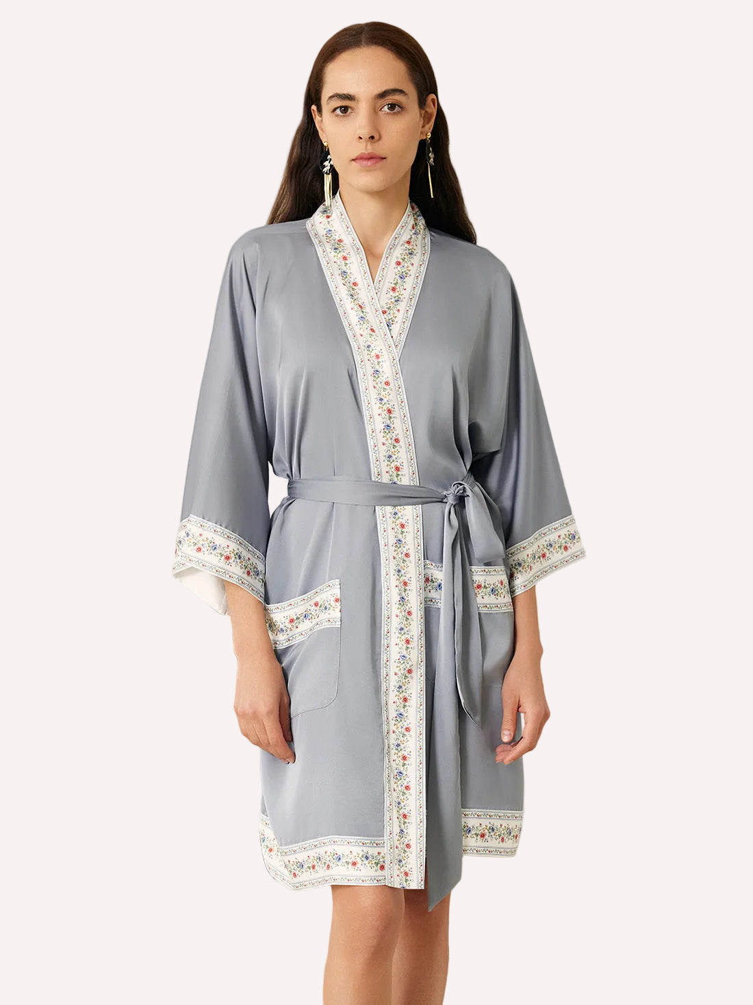 Embellished Flower Short Robe with Pockets – Light Blue