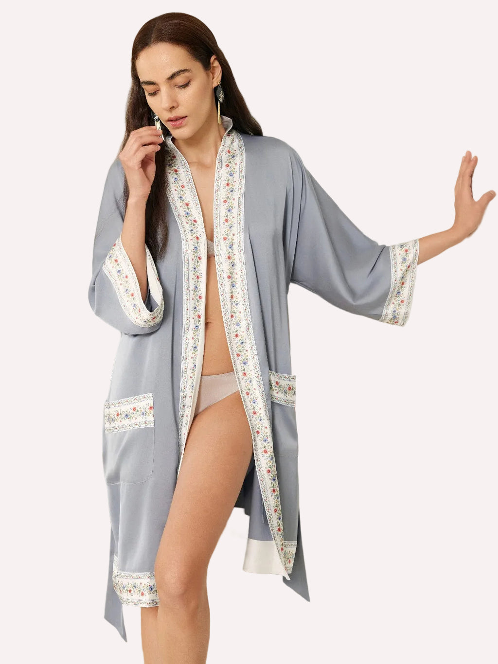 Embellished Flower Short Robe with Pockets – Light Blue