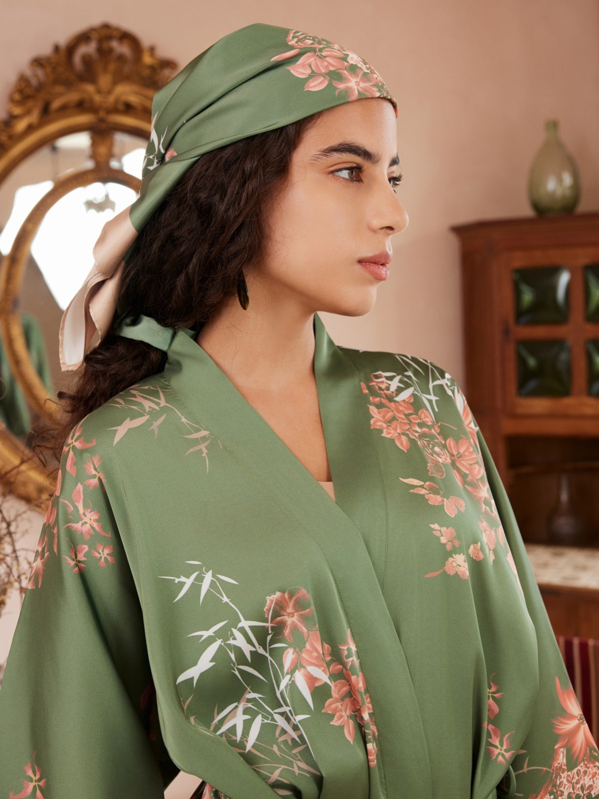 Bamboo Print Short Kimono Robe – Olive