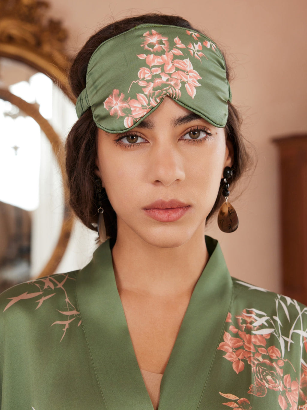 Bamboo Print Short Kimono Robe – Olive