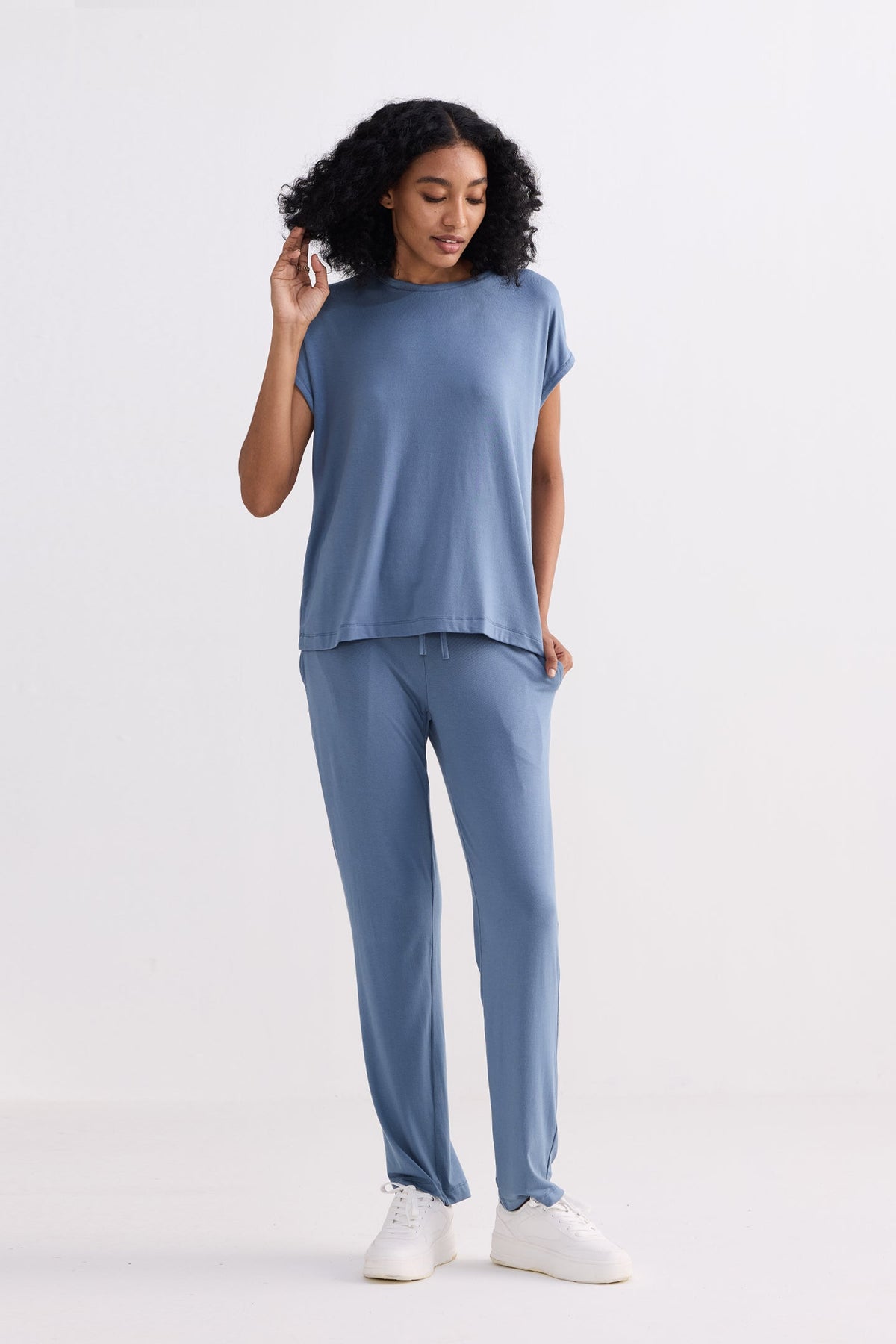 Relaxed Modal Tee & Wide-Leg Pants Set – Blue