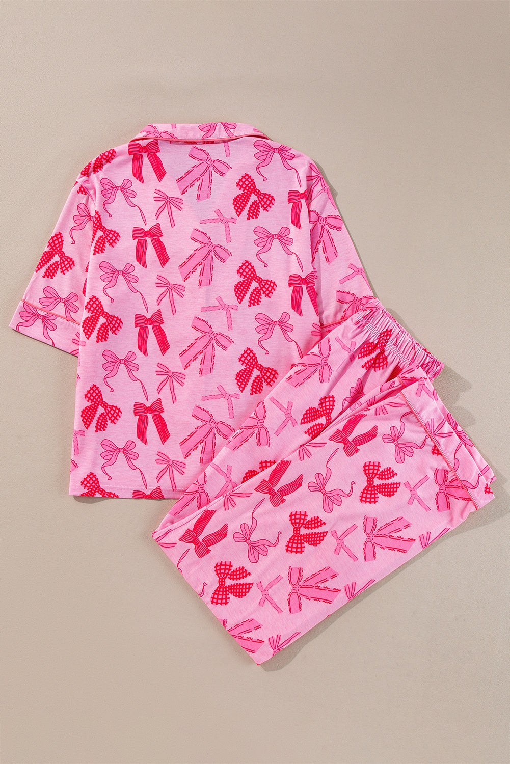 Bow Print Lapel Collar Shirt & Pants Pajama Set – Pink