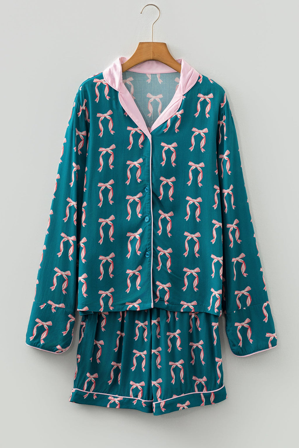 Bow Print Long Sleeve Shirt & Shorts Pajama Set – Green