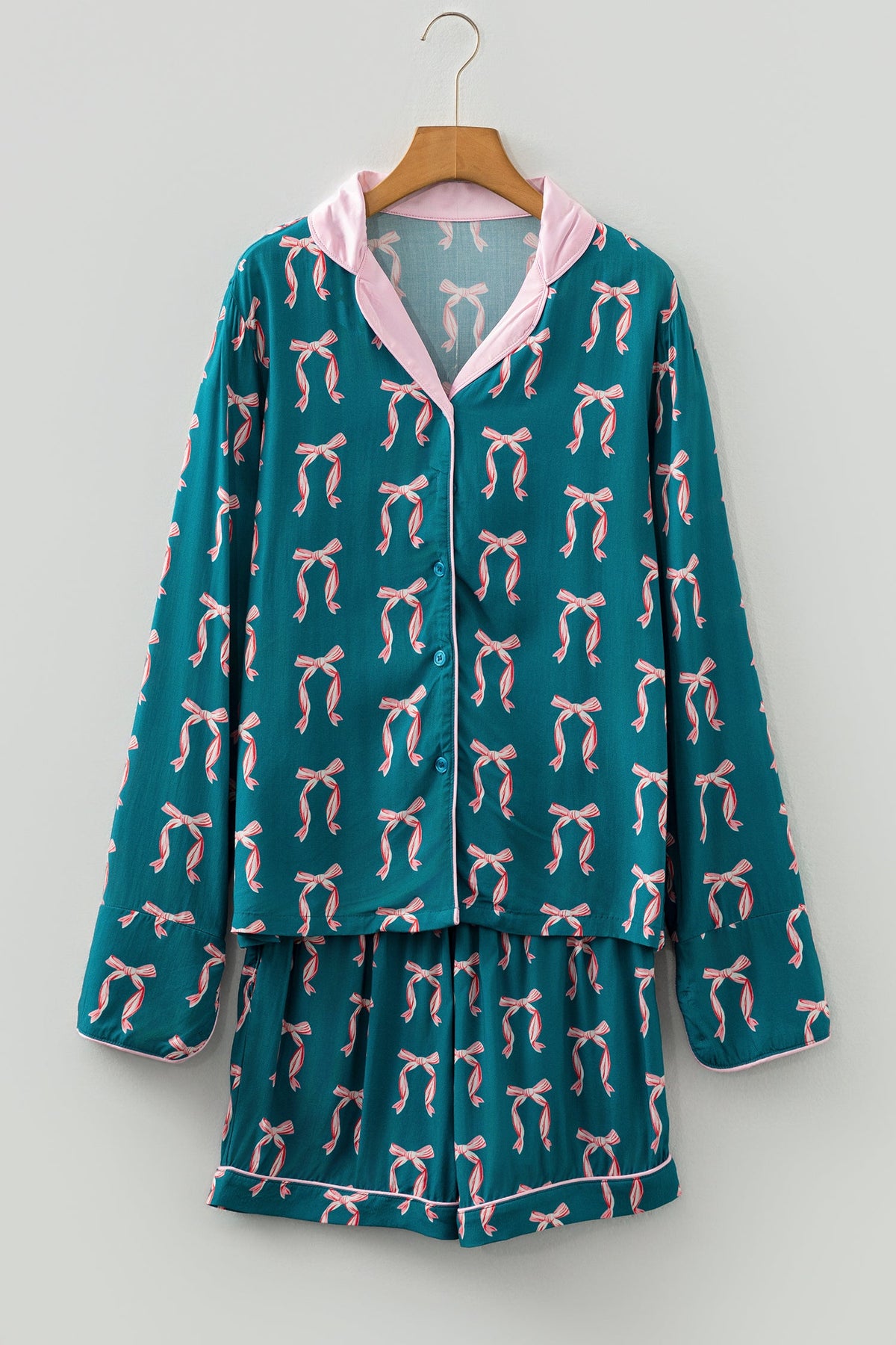 Bow Print Long Sleeve Shirt & Shorts Pajama Set – Green