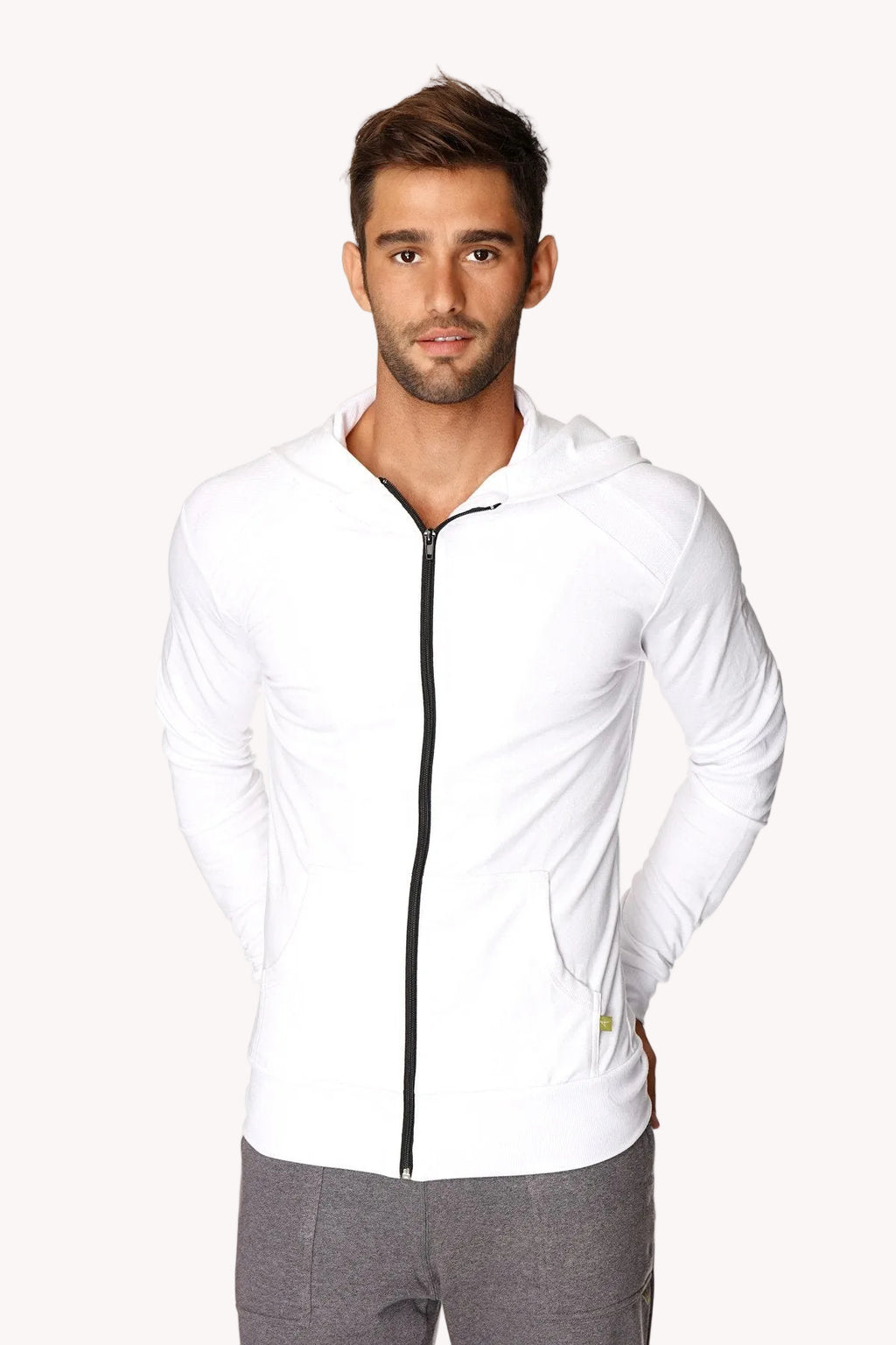 Form-Fit Crossover Zip Hoodie – White with Black Zipper