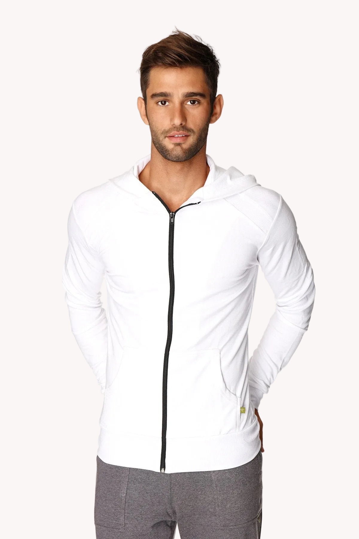 Form-Fit Crossover Zip Hoodie – White with Black Zipper