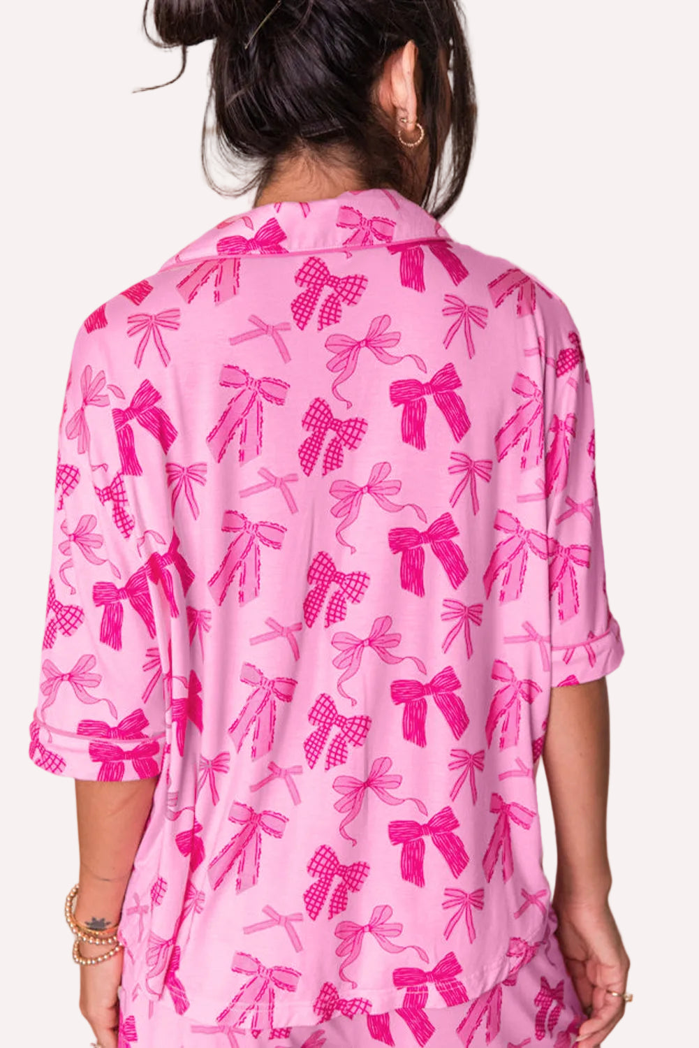 Bow Print Half Sleeve Shirt & Shorts Pajama Set – Pink
