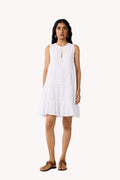 Embroidered Sleeveless Tiered Dress – White