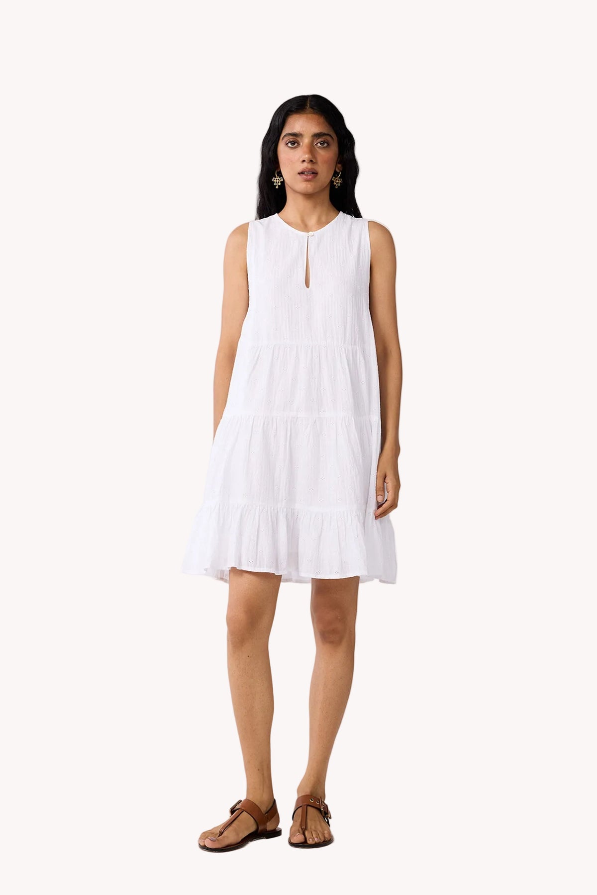 Embroidered Sleeveless Tiered Dress – White