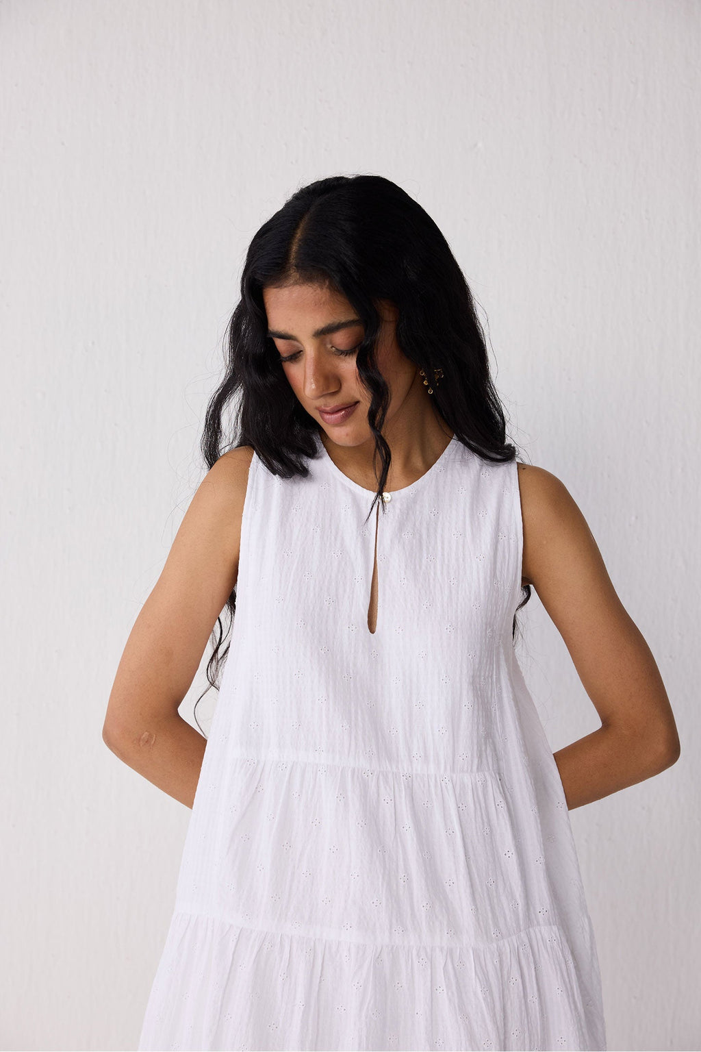 Embroidered Sleeveless Tiered Dress – White