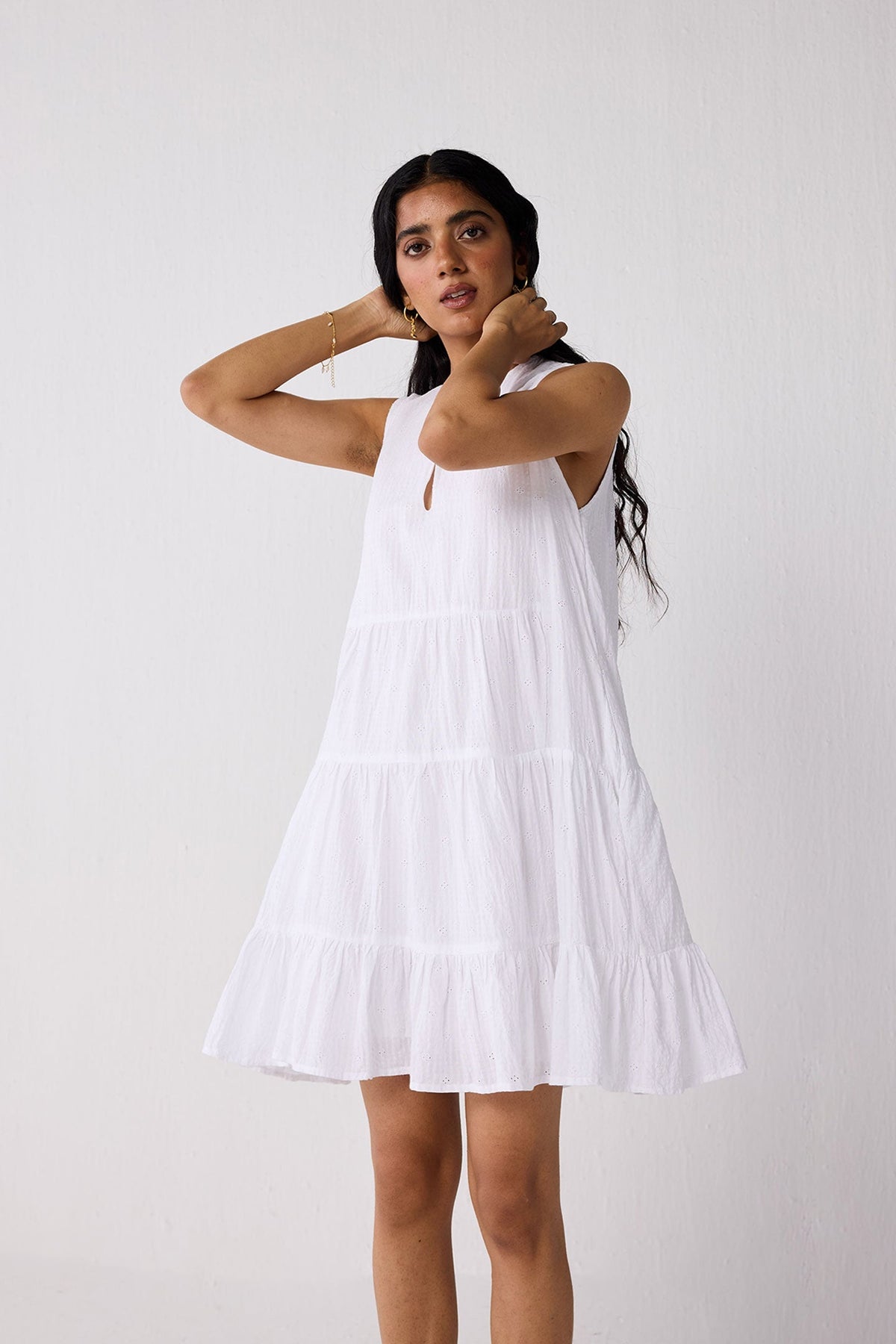 Embroidered Sleeveless Tiered Dress – White