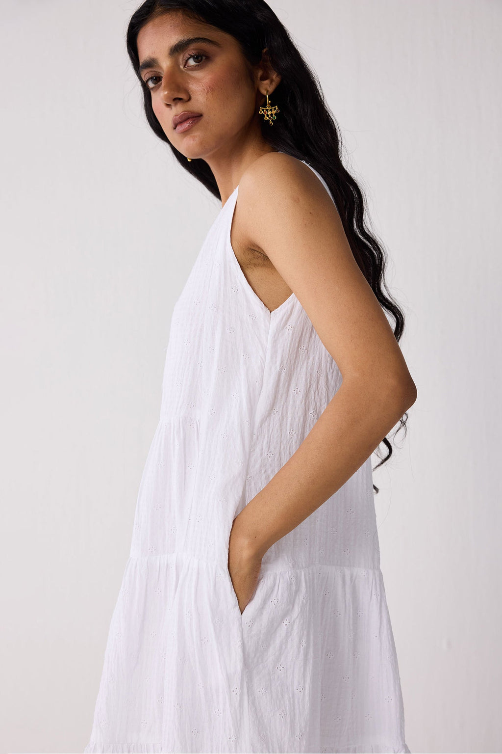 Embroidered Sleeveless Tiered Dress – White