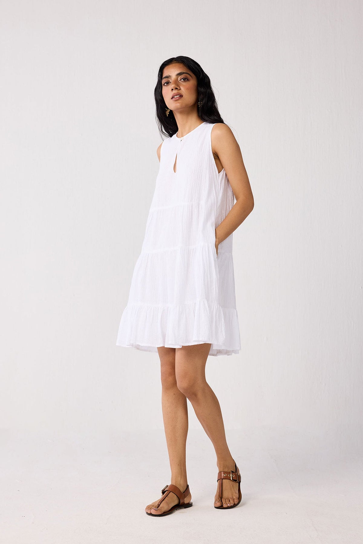 Embroidered Sleeveless Tiered Dress – White