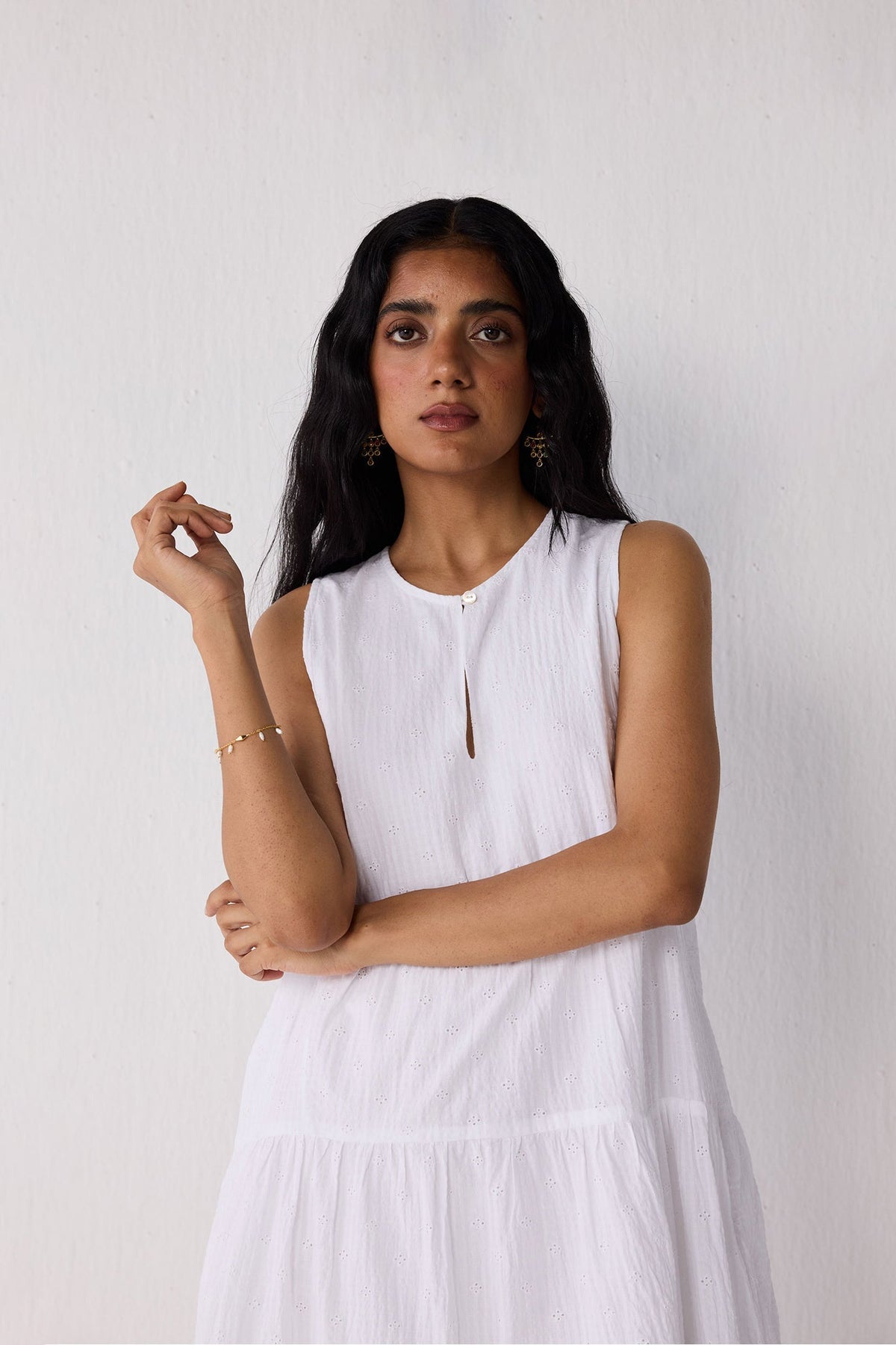 Embroidered Sleeveless Tiered Dress – White