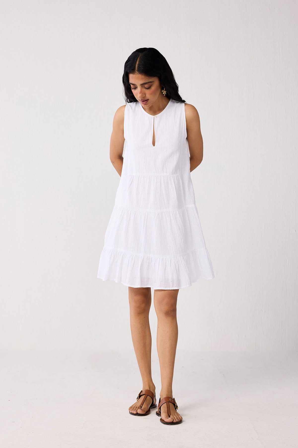 Embroidered Sleeveless Tiered Dress – White
