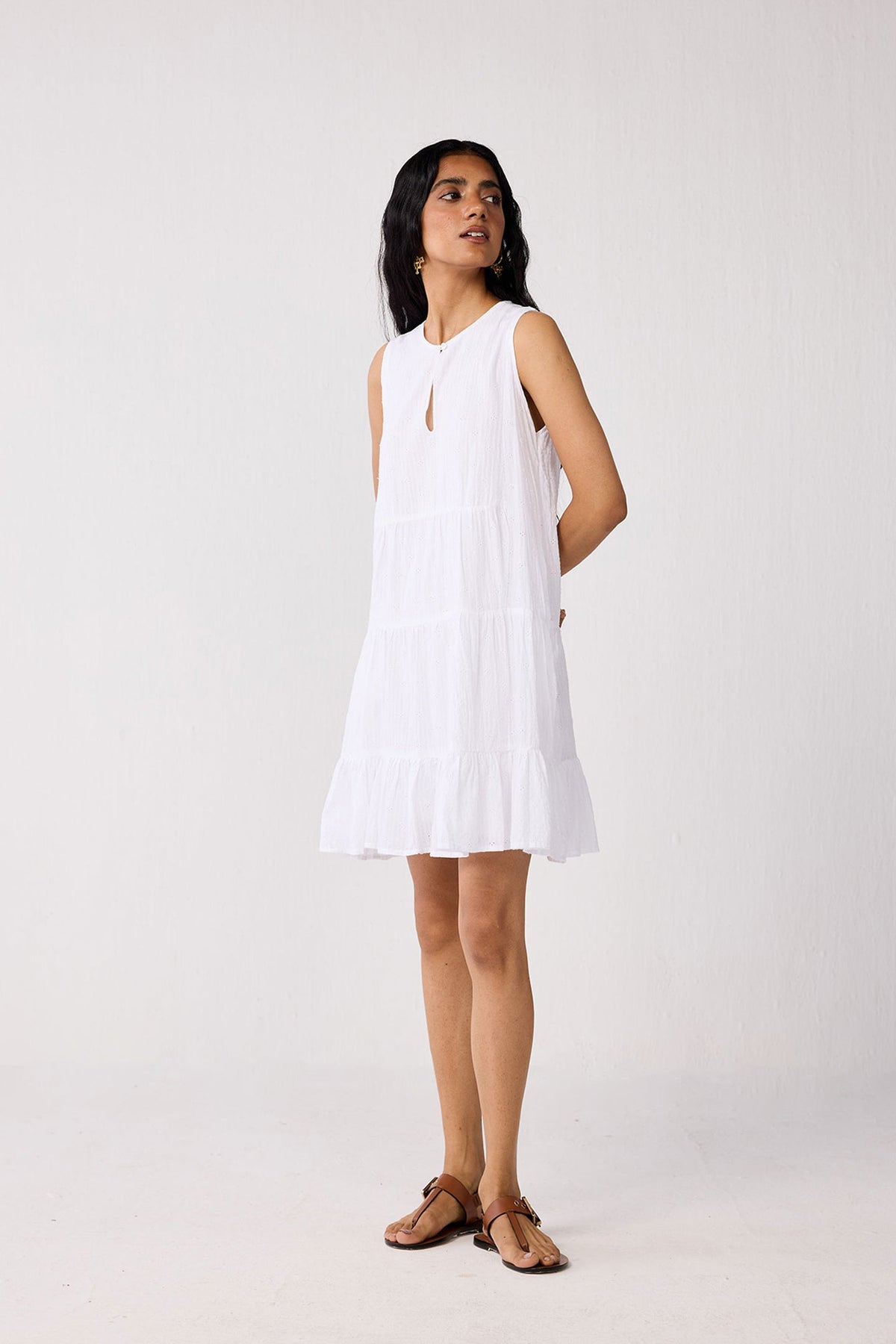 Embroidered Sleeveless Tiered Dress – White