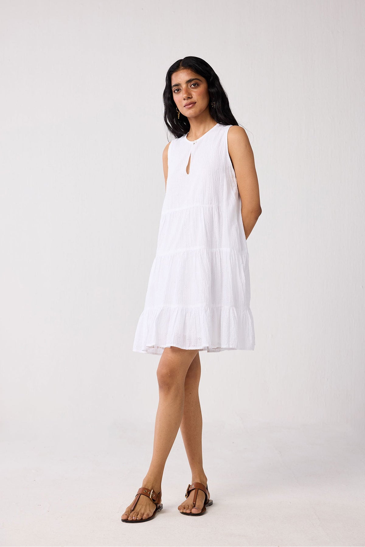 Embroidered Sleeveless Tiered Dress – White