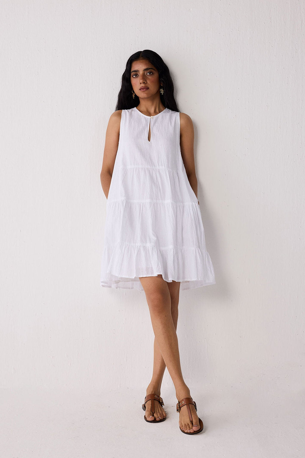 Embroidered Sleeveless Tiered Dress – White