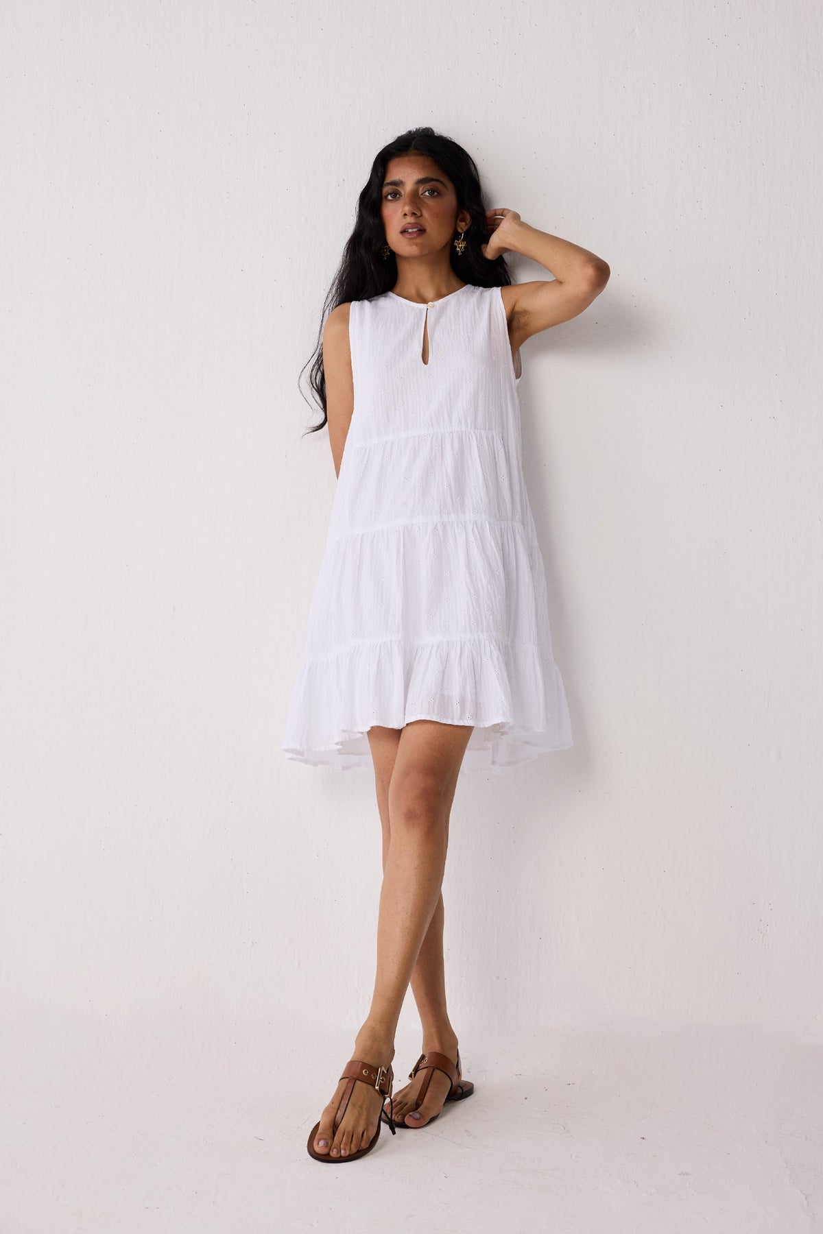 Embroidered Sleeveless Tiered Dress – White