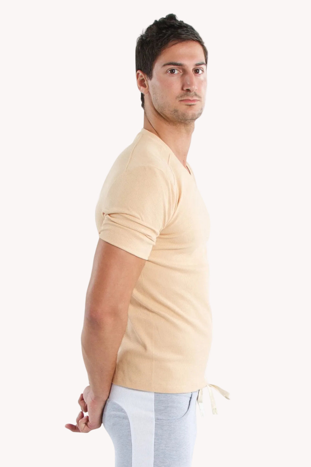 Hybrid Rib V-Neck Tee – Sand Beige