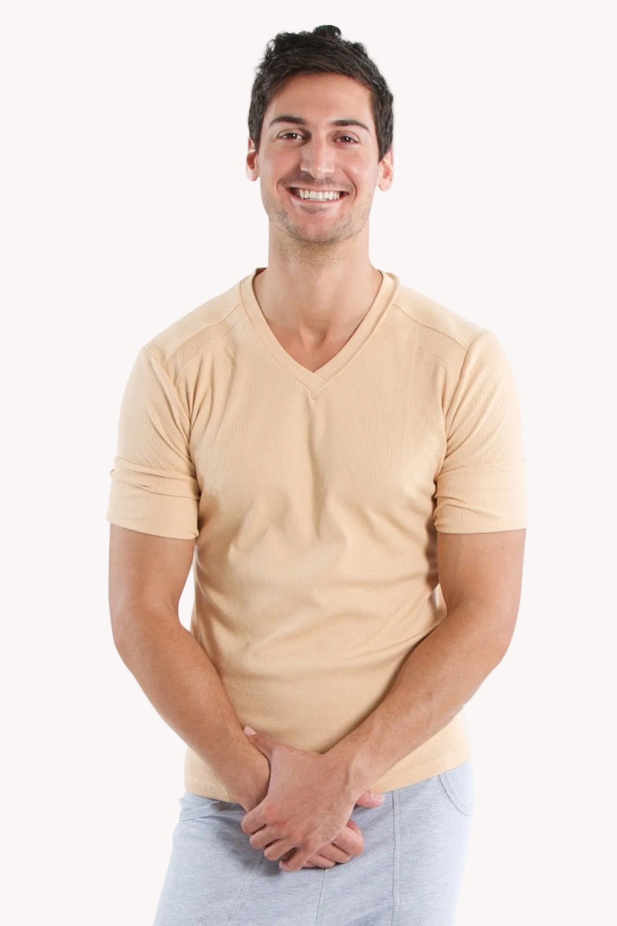 Hybrid Rib V-Neck Tee – Sand Beige