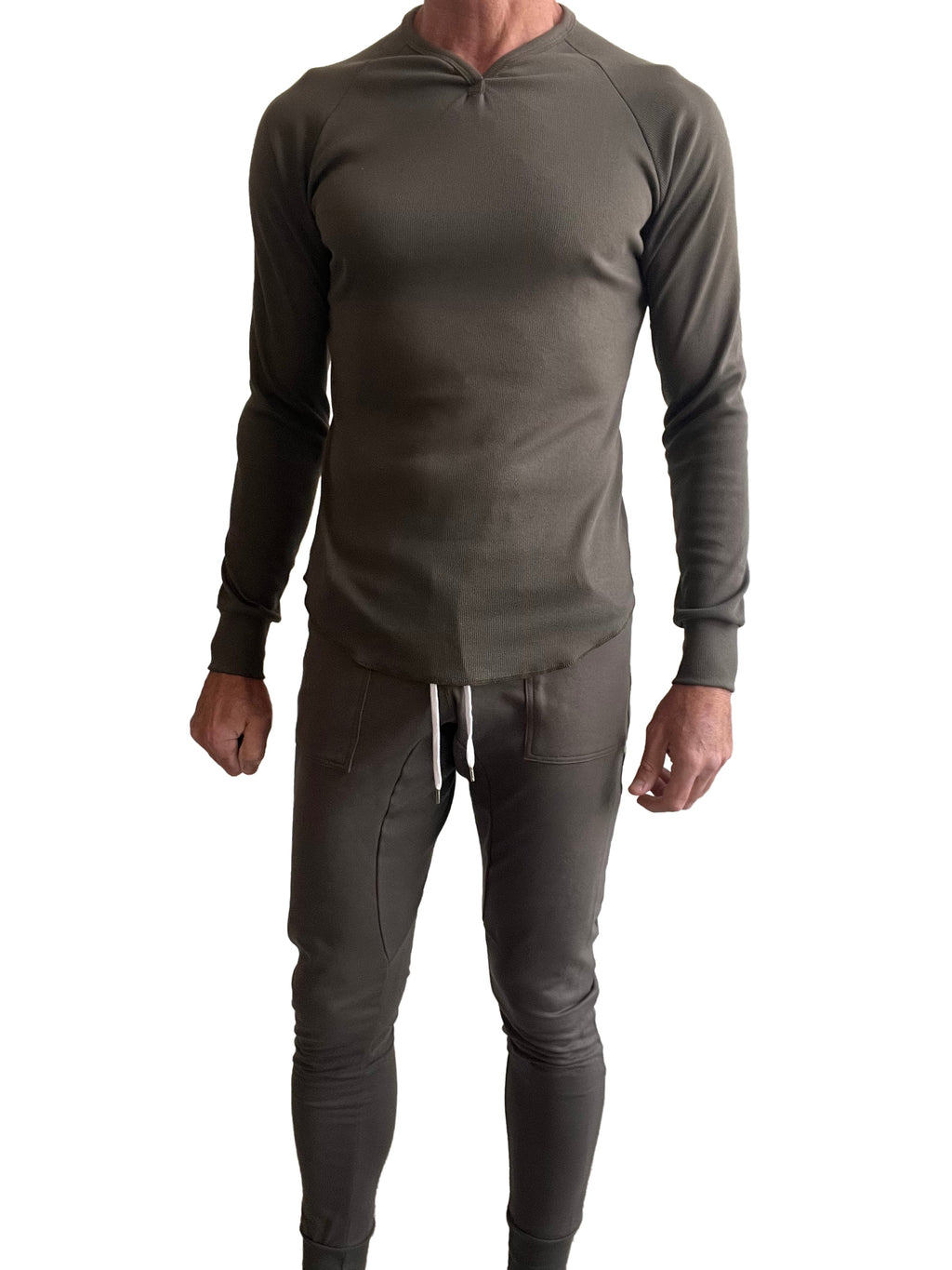 Raglan Thermal V-Neck Long Sleeve Tee – Army Green